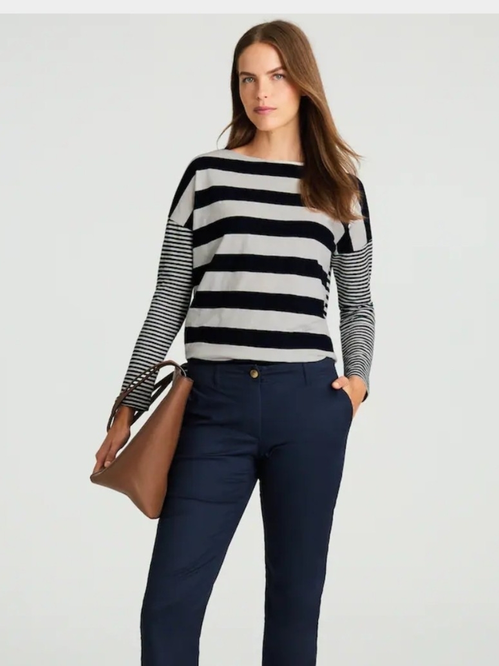 J.Jill Striped Long-Sleeve Boatneck Top 100% cotton Navy & White